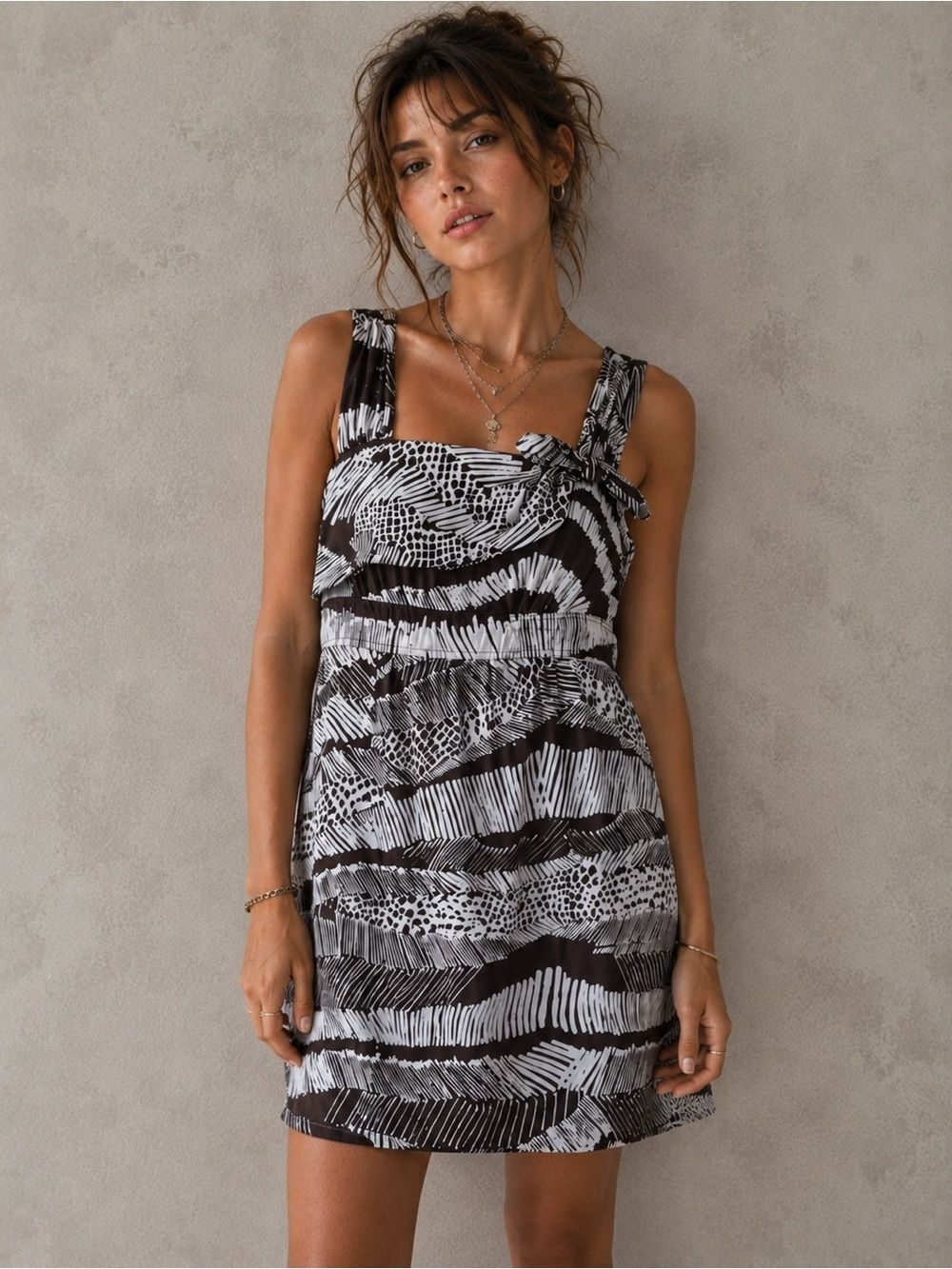BCBGMAXAZRIA Abstract Print Dress- Medium, Brown Cream Bow Shoulder Sleeveless